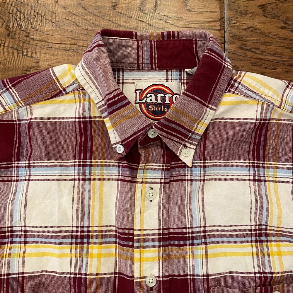 Larro Shirts Plaid Button Down Mens Large Burgundy Yellow Cotton Long Sleeve